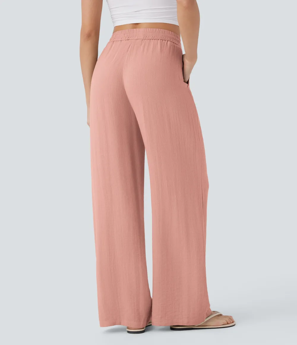 2026🔥  High Waisted Drawstring Pocket Wide Leg Casual Linen-Feel Pants