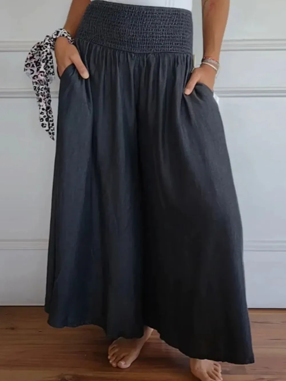 Full Size Smocked Wide Leg Pants With Pocket