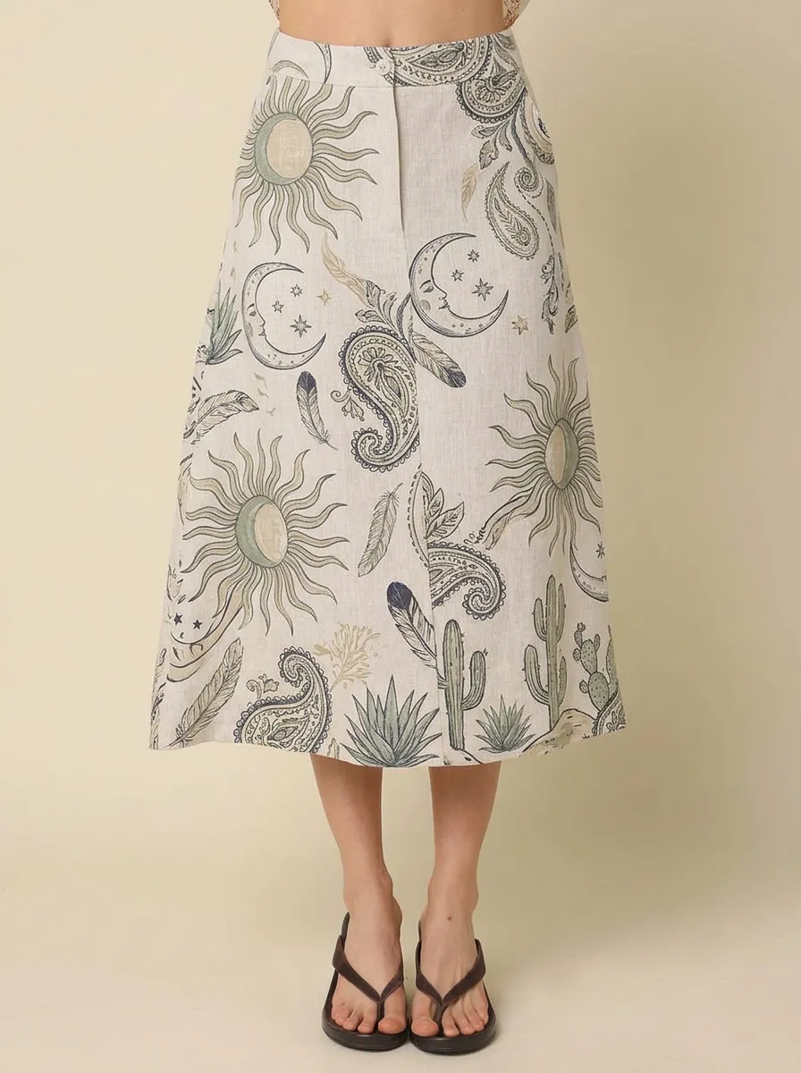Women's Boho Celestial Cactus Paisley Printed Skirt