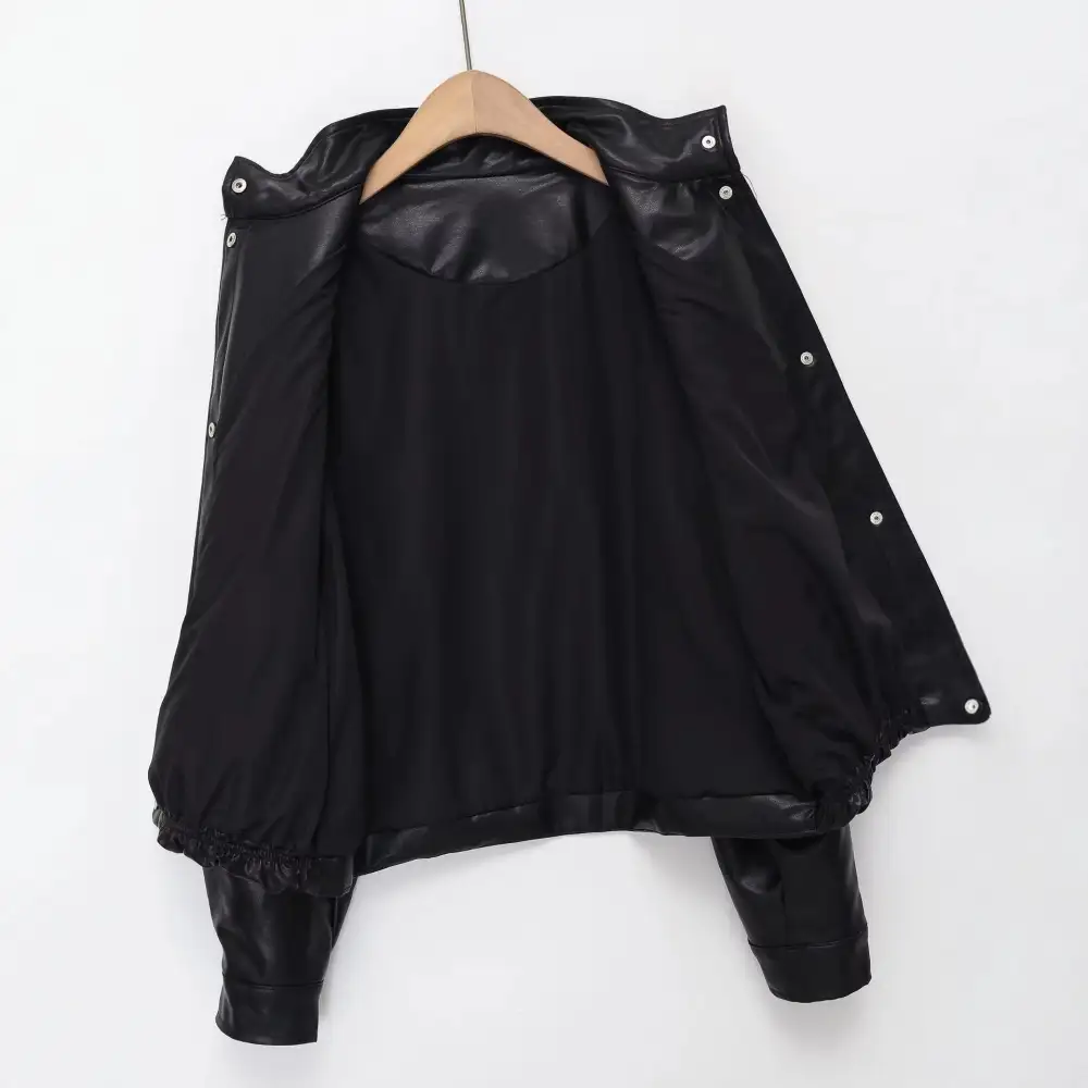 Faux Leather Stand Collar Snap Front Elastic Hem Bomber Jacket