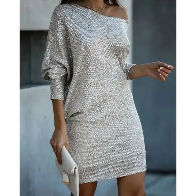  Sequin One Shoulder Midi Evening Dress