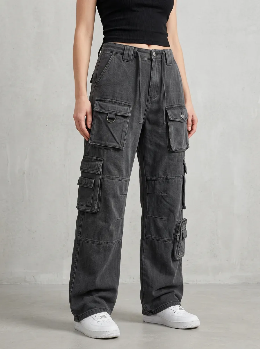 Minimal Multi Pocket Washed Finish Profile Women's Multi Pocket Cargo Pants