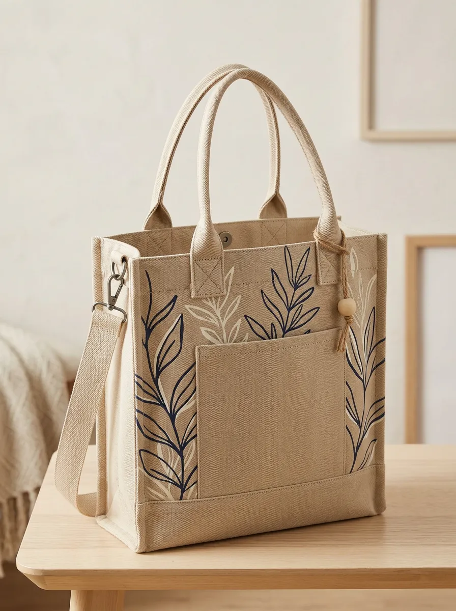 Women's Structured Detachable Strap Botanical Leaf Printed Canvas Shoulder Tote Bag