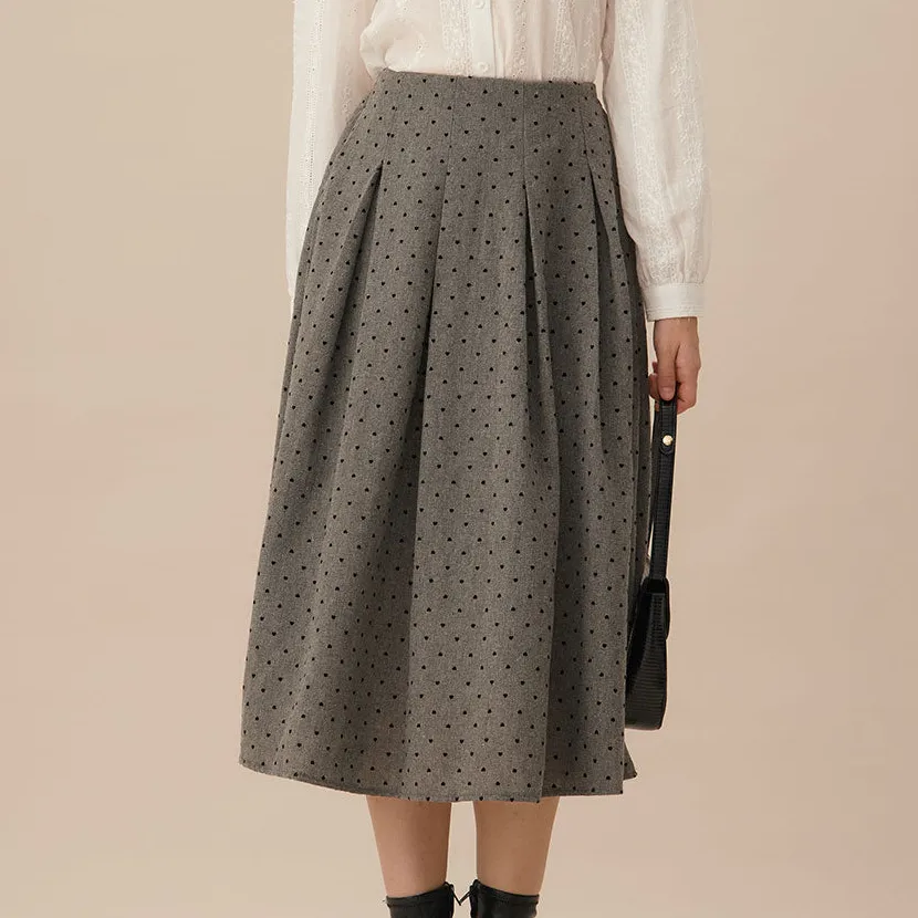 Polka Dot Pleated A Line Midi Skirt