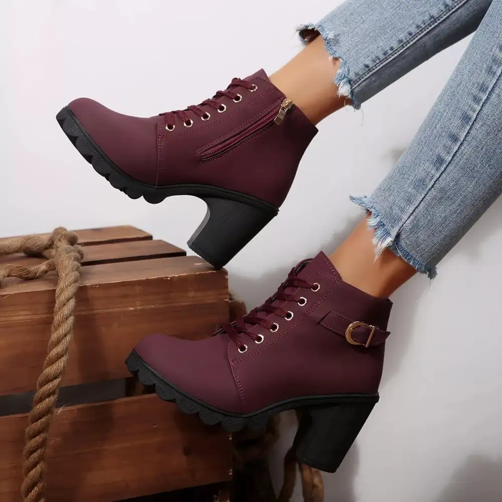 Textured Lace-Up Block Heel Boots