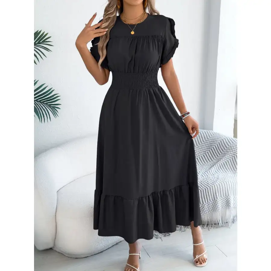 Smocked Frill Round Neck Midi Dress