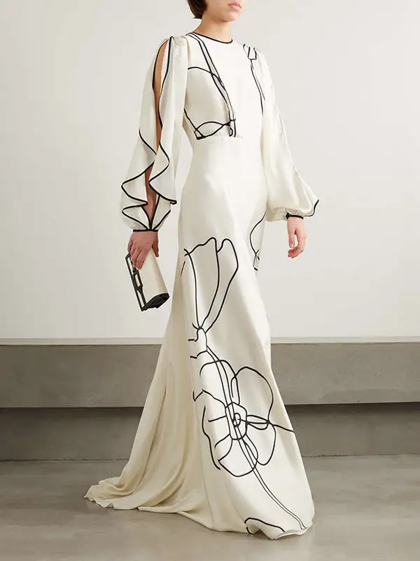 Women's Loose Fit Printed Ruffled Zipper Maxi Dress