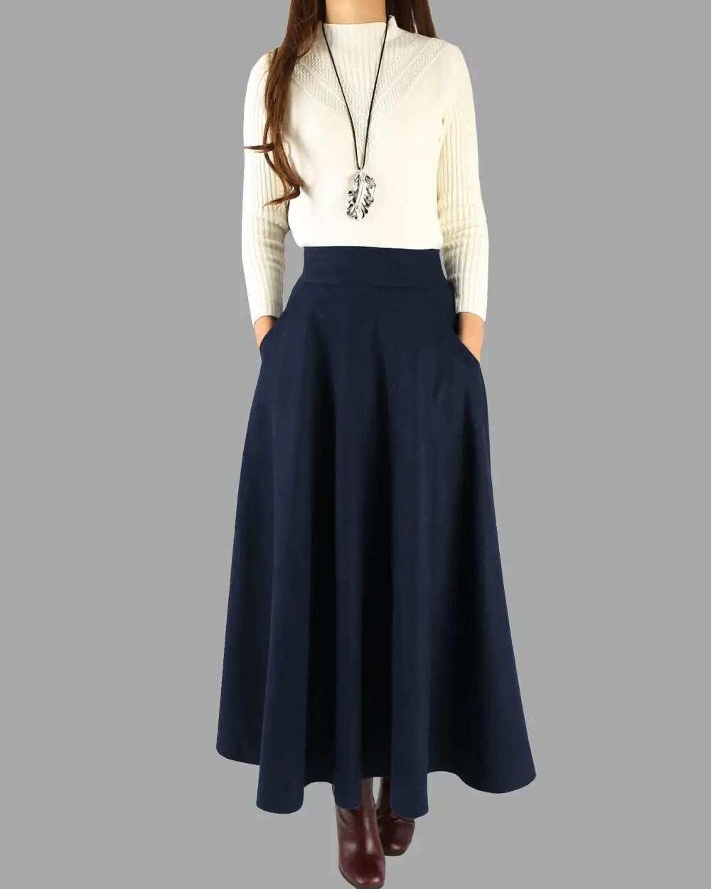 Pleated Wool A Line Maxi Skirt