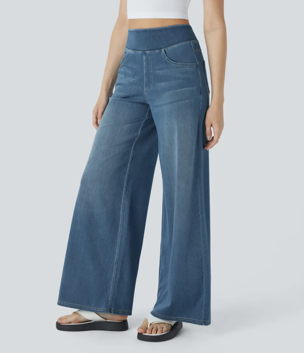 Magic High Waisted Multiple Pockets Wide Leg Washed Stretchy Knit Casual Jeans