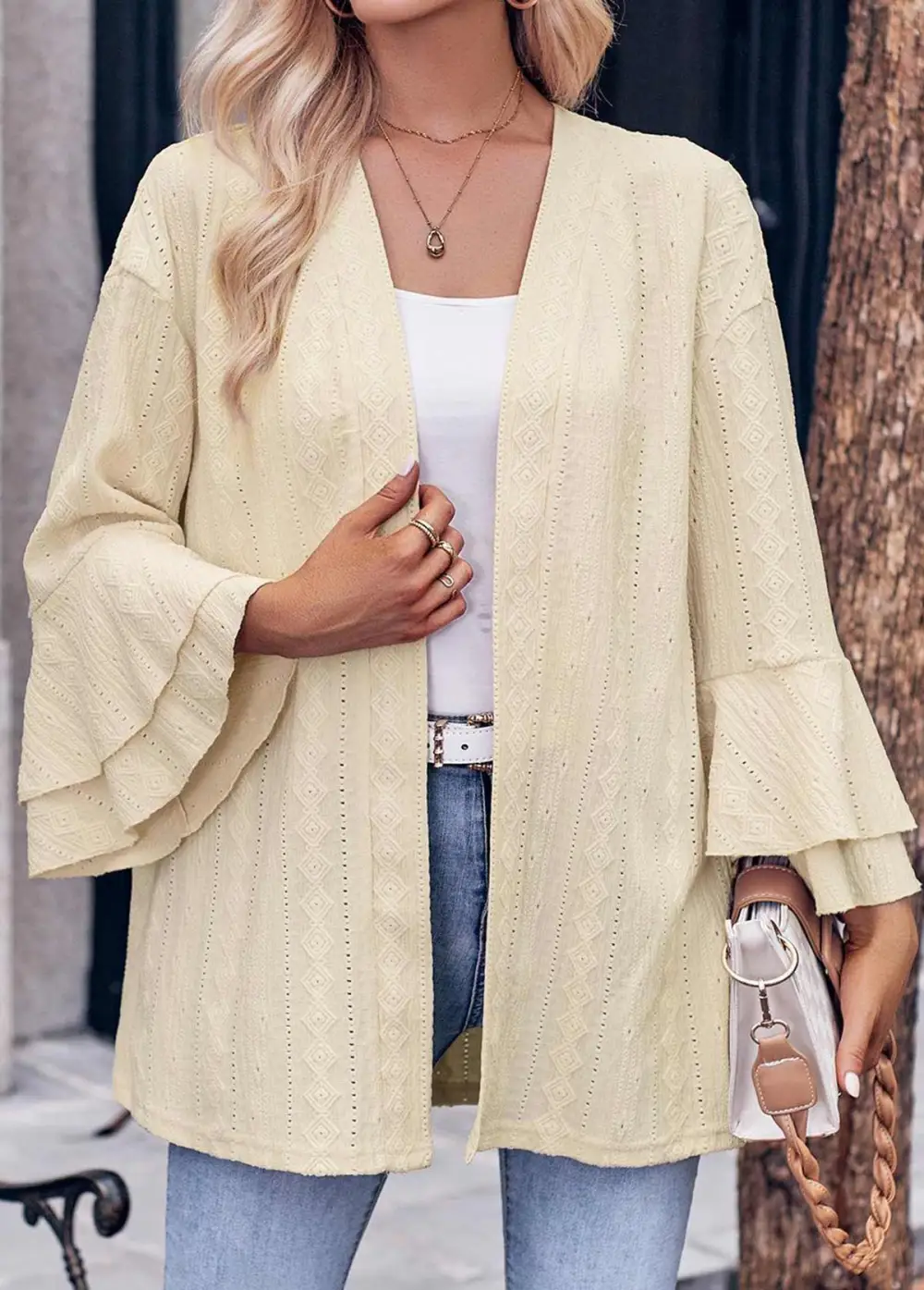 Beige Layered Long Sleeve V Neck Coat