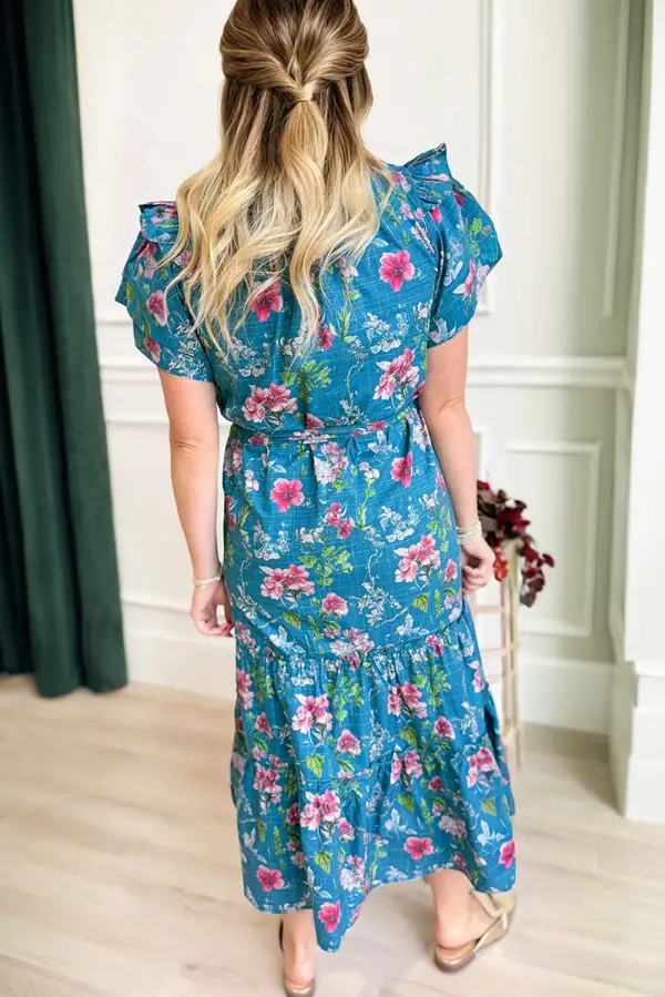 Floral Split Neck Tie Waist Dress Casual