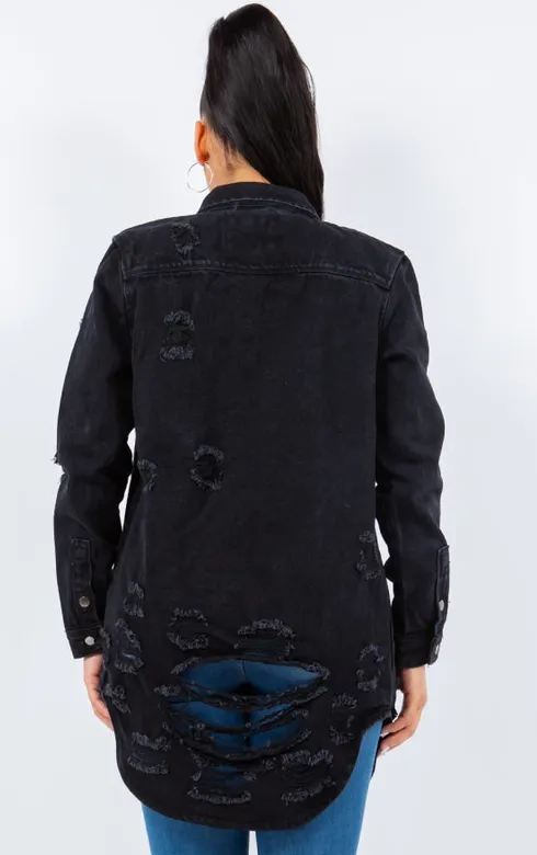 Distressed Button-Up Long-Sleeve Denim Jacket