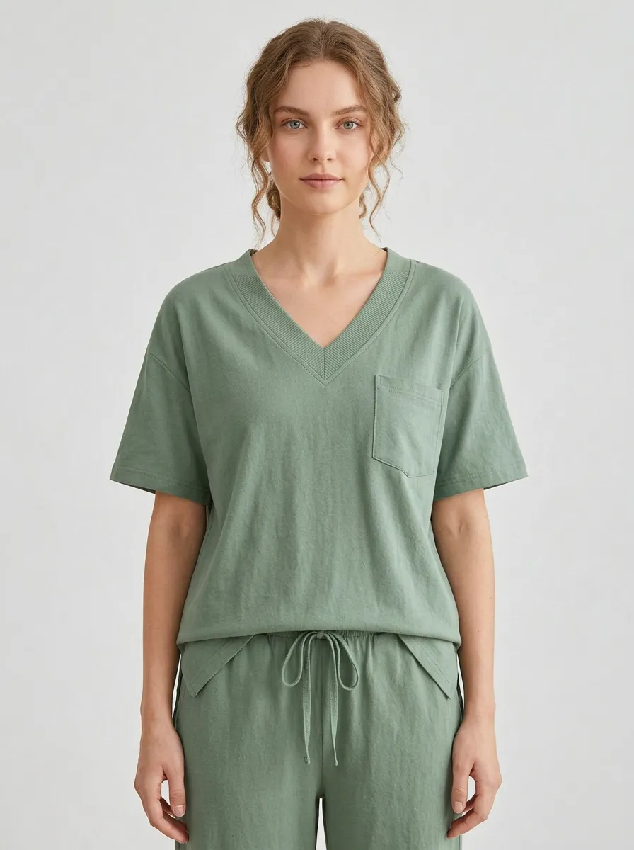 Pocket Ribbed Women's V-Neck Shirt