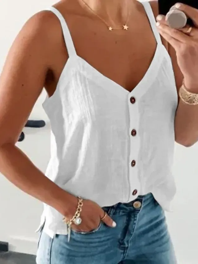 Women's Tank Top Black White Army Green Plain Button Sleeveless Casual Basic V Neck Regular S