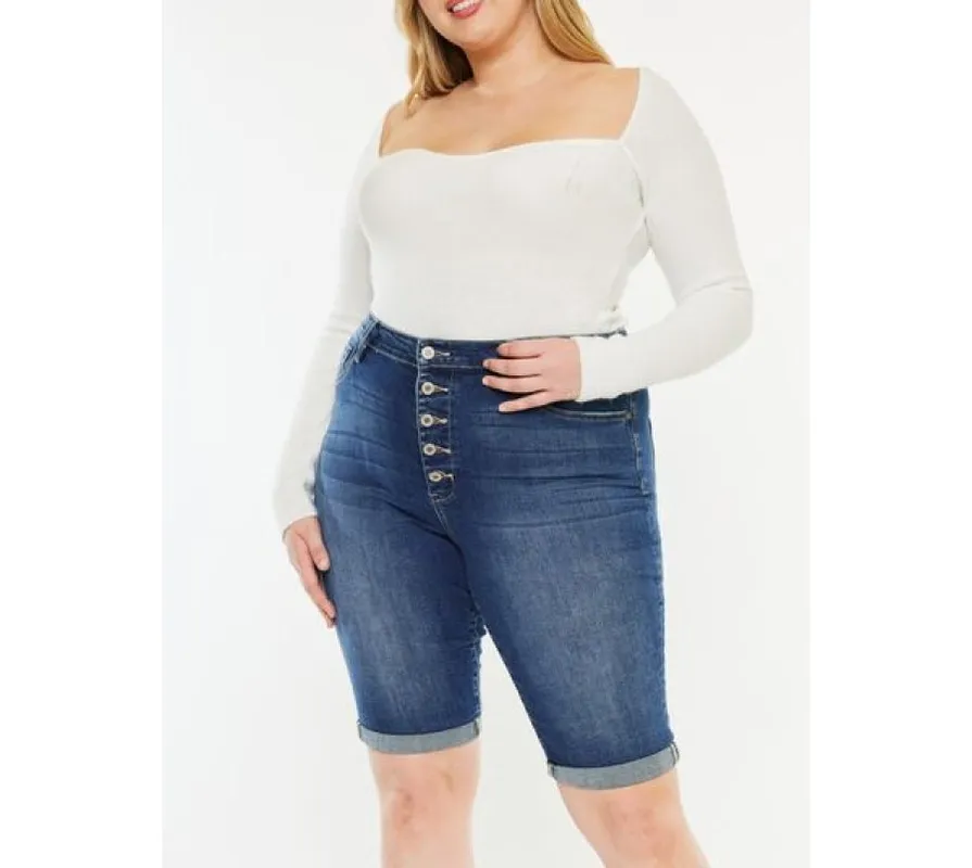 Plus Size Cat's Whiskers Button-Fly Denim Shorts