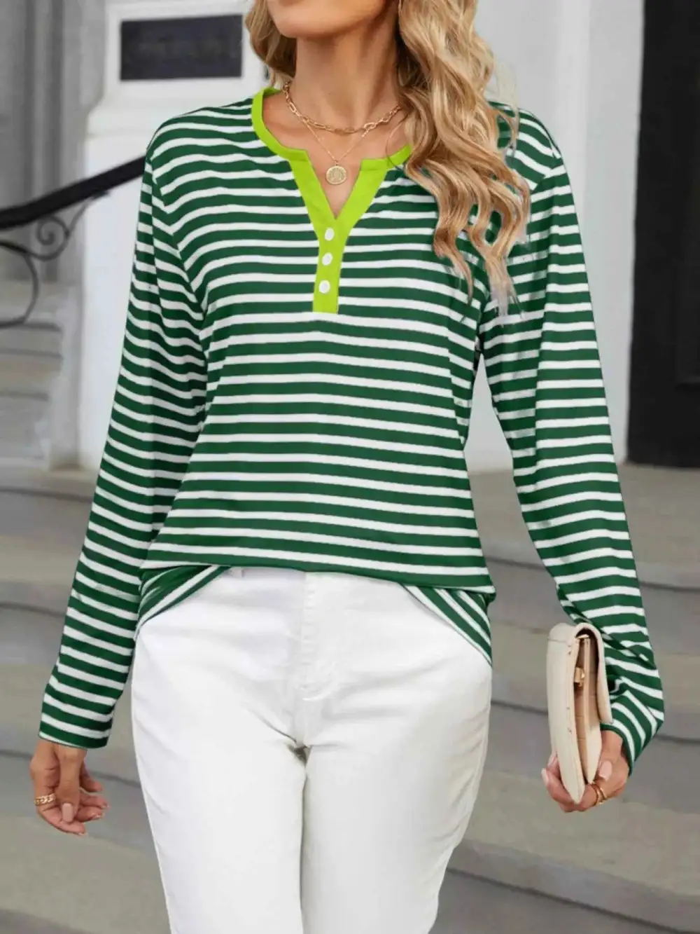 Striped Long Sleeve Henley T-Shirt