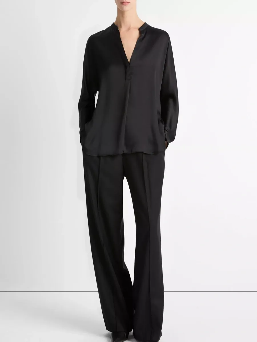 Plain Notched Long Sleeve Blouse