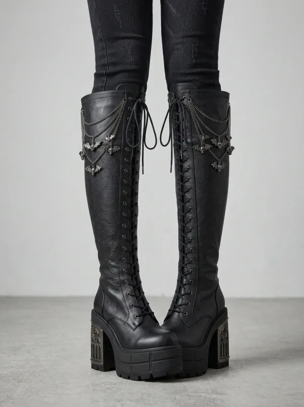 Darkwear Bat Lace Lace-Up Finish Women's Gothic Platform Boots