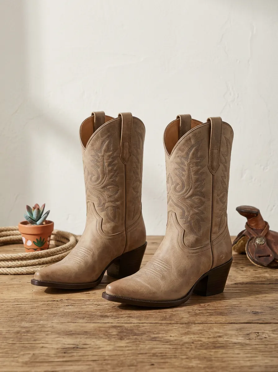 Unisex Utility Western Cowboy Embroidered Tan Leather Boots