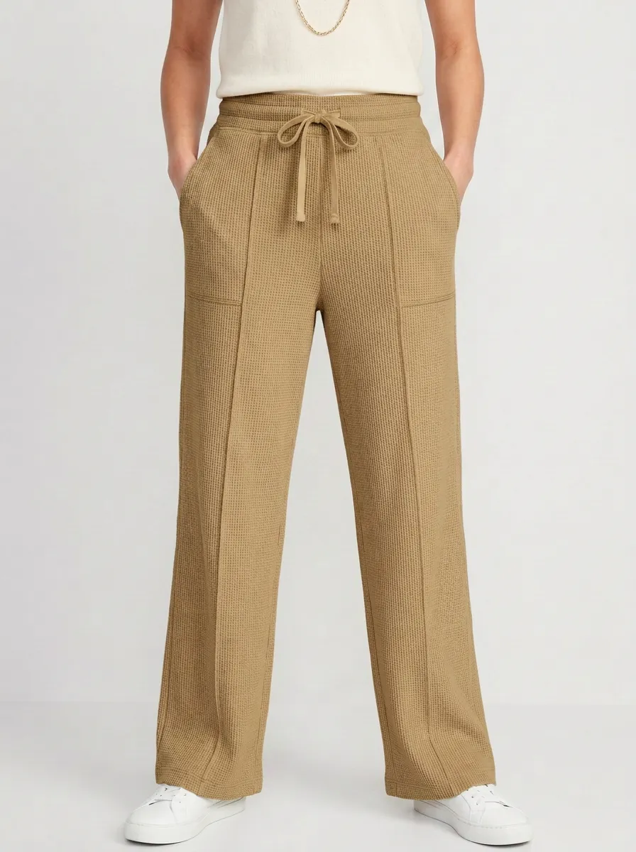 Women's Casual Lounge Waffle Knit Drawstring Wide Leg Pants