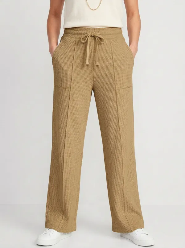 Women's Casual Lounge Waffle Knit Drawstring Wide Leg Pants