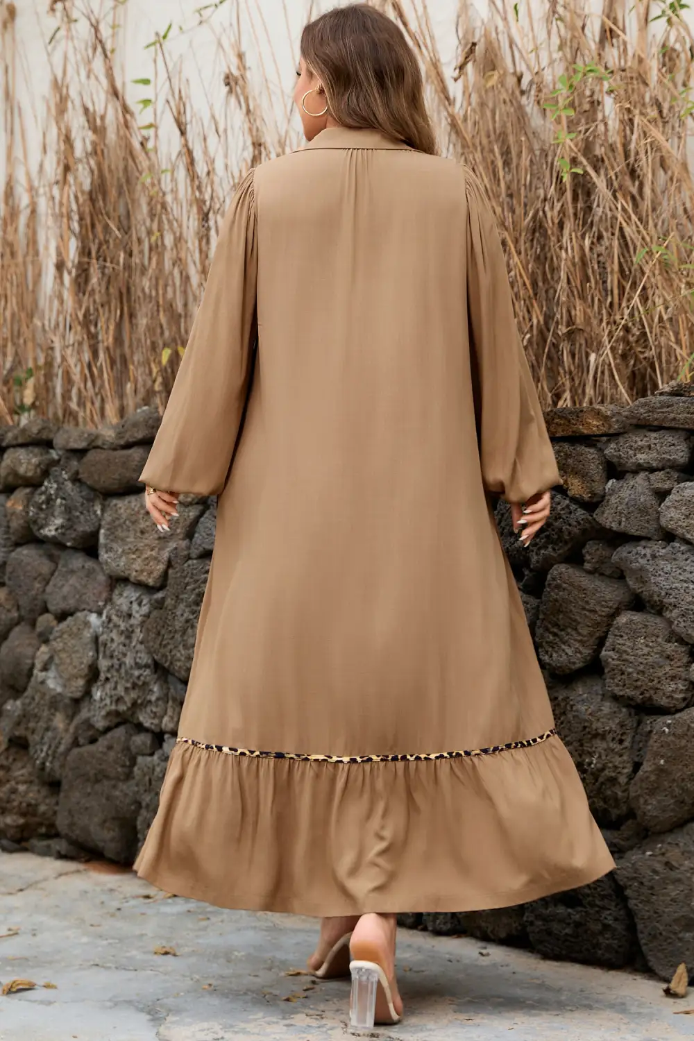 Smocked V Neckline Leopard Piping Accent Bracelet Plus Fit Long Dress