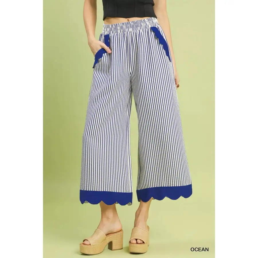 Stripe Scallop Hem Wide Leg Pants