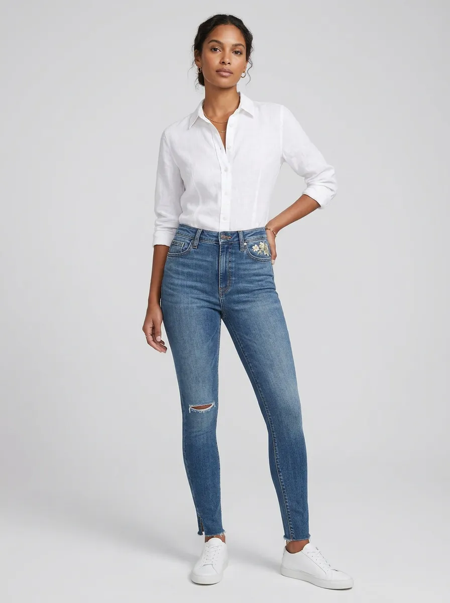Women's Hudson Floral Embroidery Distressed Printed Slim Jeans