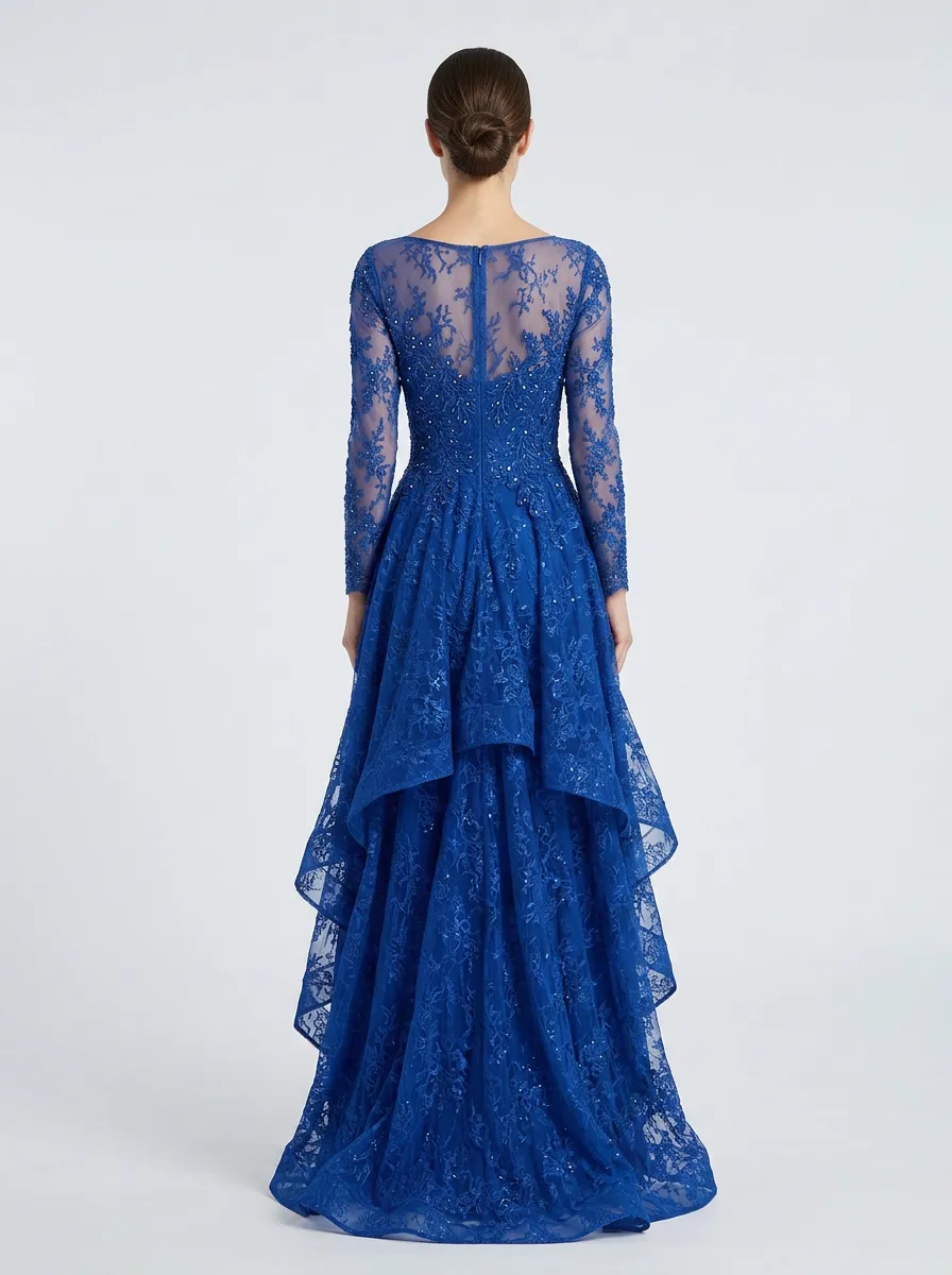 Women's Lace Beaded High-Low Ruffled Evening Gown