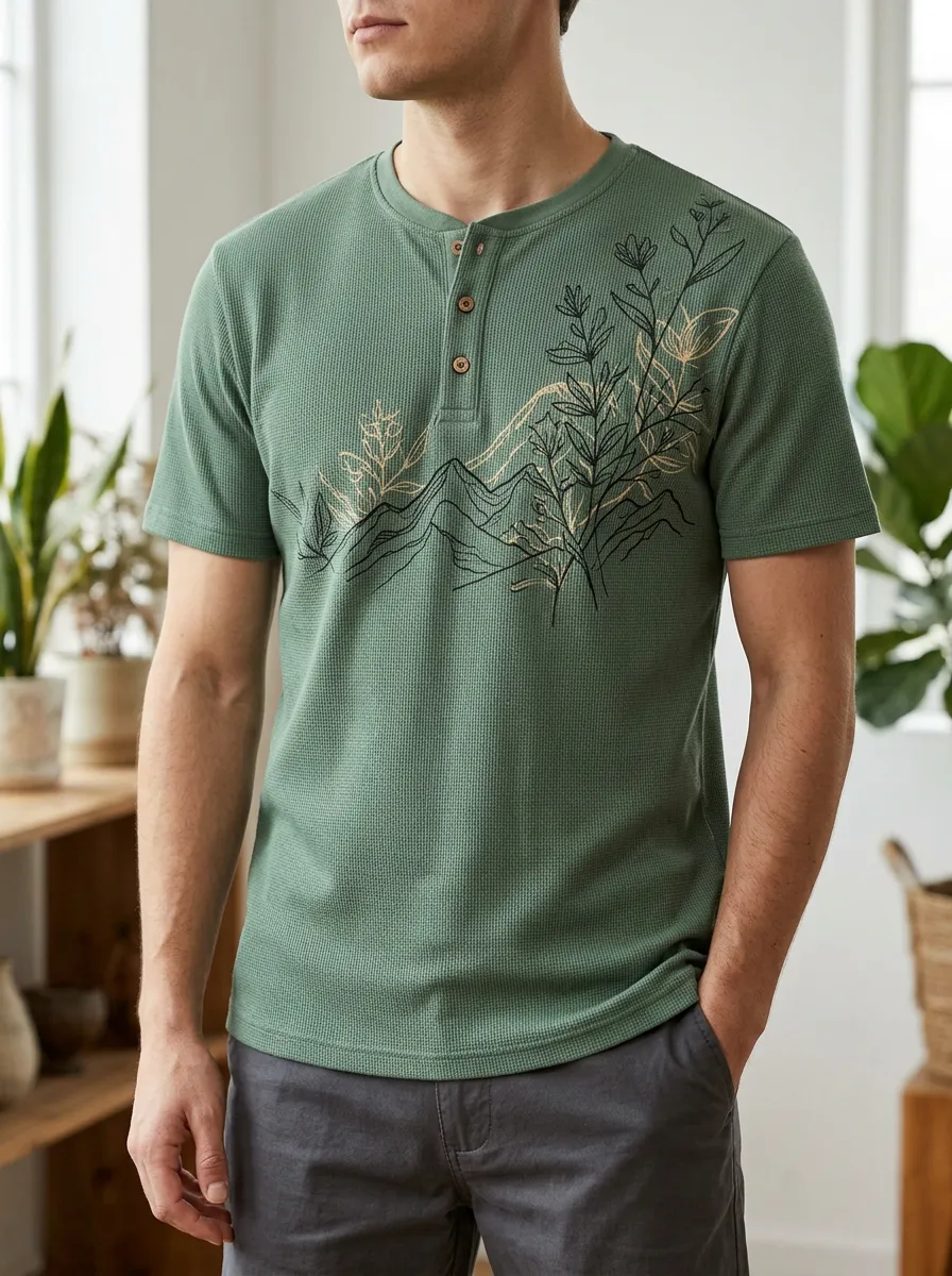 Men's Classic Nature Lover Mountain Floral Henley T-Shirt