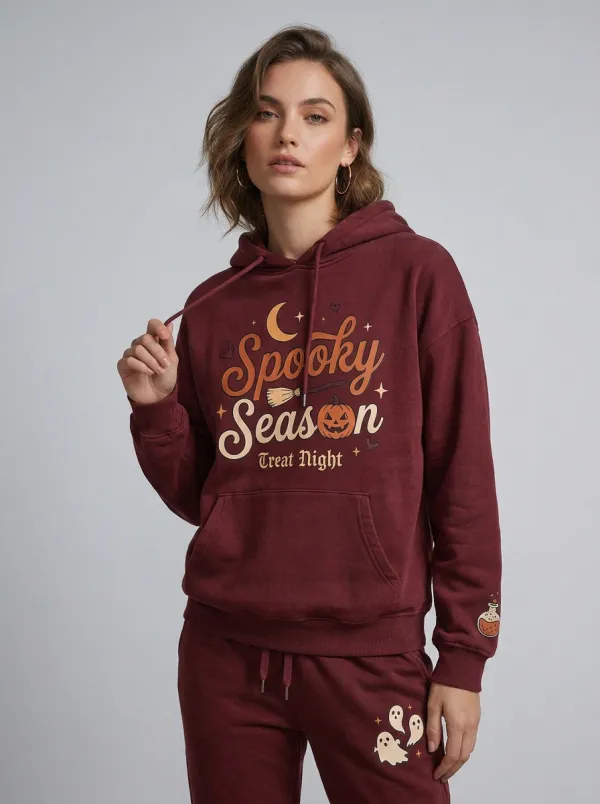 Women's Halloween Washed Charcoal Spooky Season Ghost Pumpkin Kangaroo-Pocket Hoodie Jogger Set