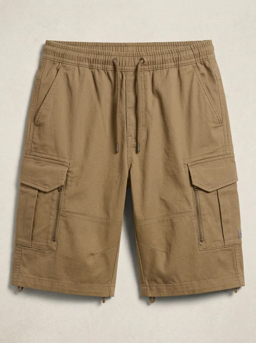 Workwear-Inspired Multi-Pocket Drawstring Cargo Shorts