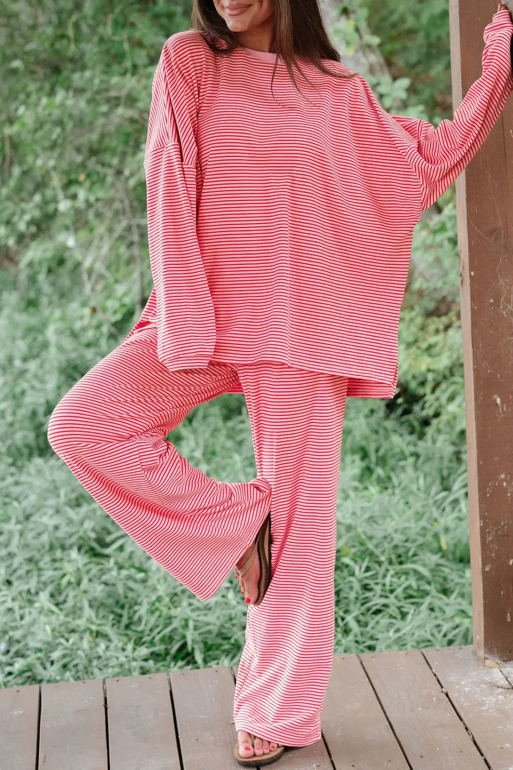 Women's Striped Drop Shoulder Long Sleeve Pant Set