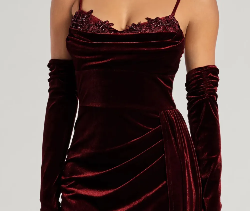 Beaded Appliqué Velvet Column Dress