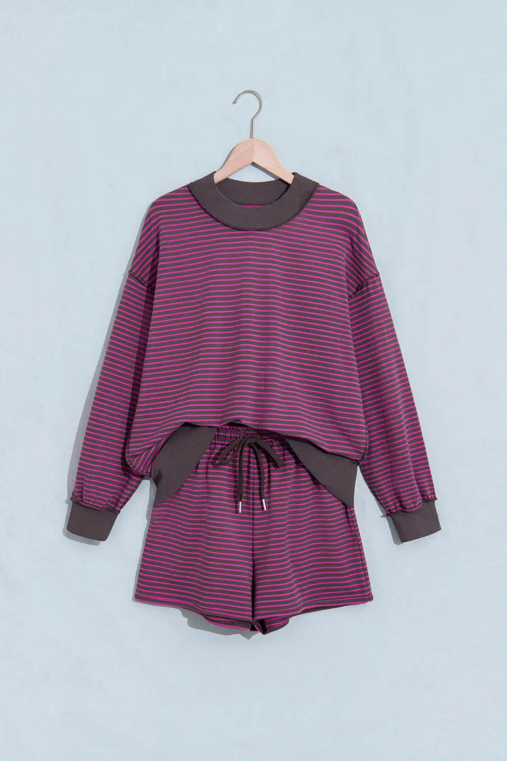 Women's Ribbed Patchwork Mock Neck Baggy Pullover Matching Shorts Set