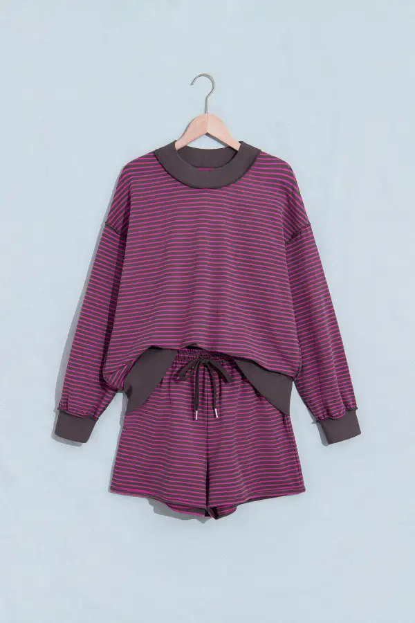 Women's Ribbed Patchwork Mock Neck Baggy Pullover Matching Shorts Set