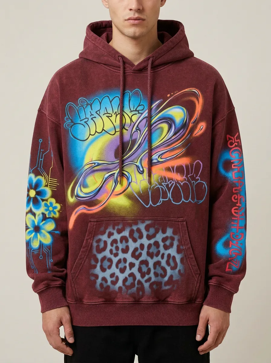 Unisex Streetwear Graffiti Leopard Flower Layered Print Hoodie