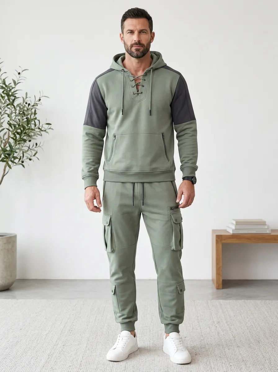 Streamlined Lace-Up Multi Pocket Active Look Men's Lace Up Hoodie And Cargo Jogger Set