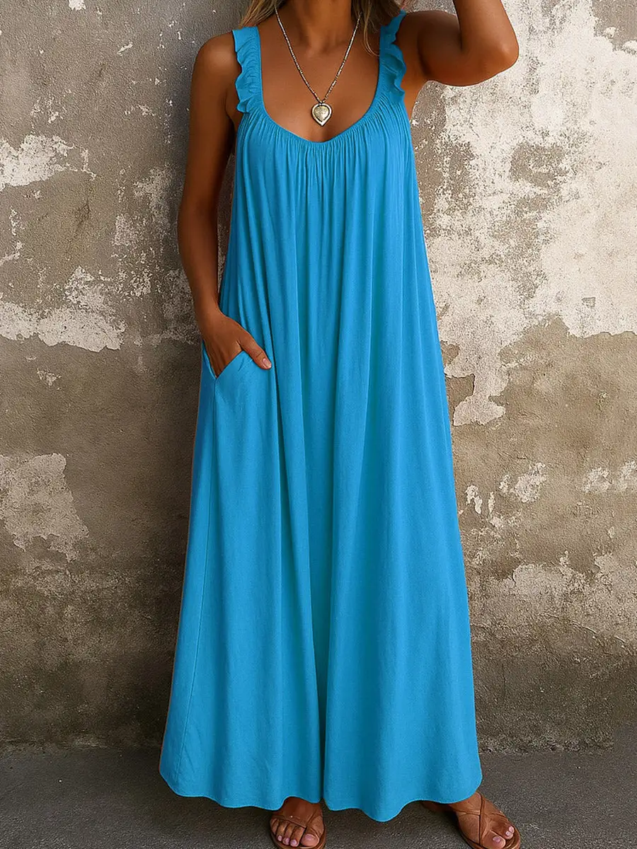 Loose Pleated Ruffled Neck Maxi Dress