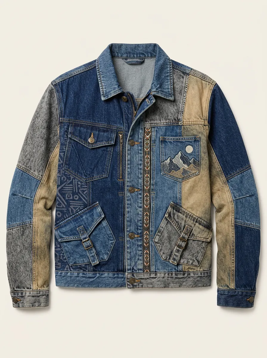 Men's Outdoor Adventure Mountain Pattern Printed Denim Jacket
