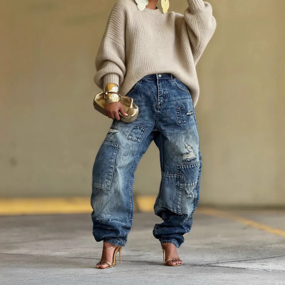 Women's Washed Patchwork Jeans