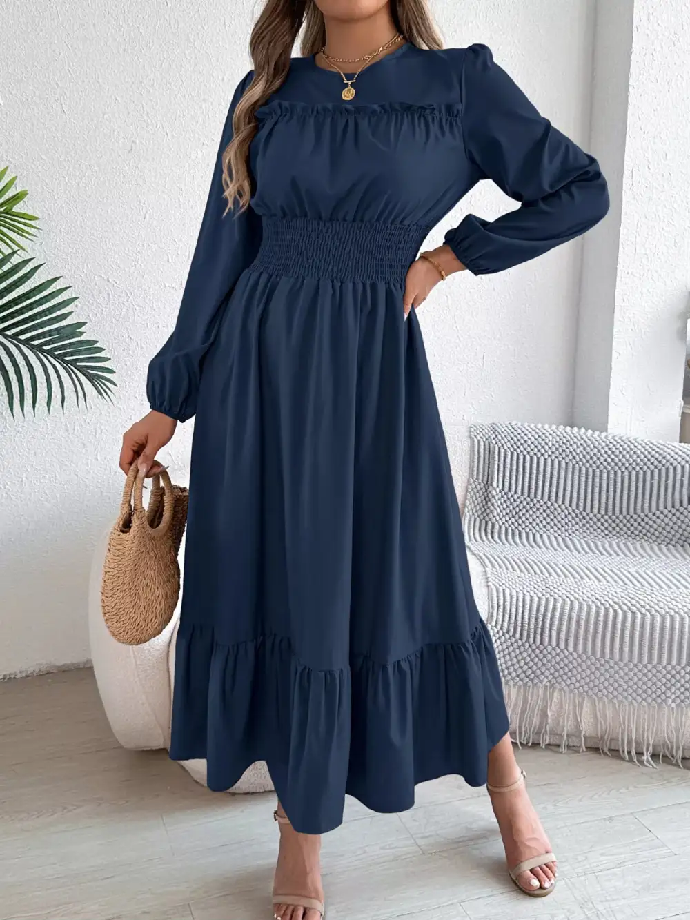 Round Neck Tiered Dress Casual