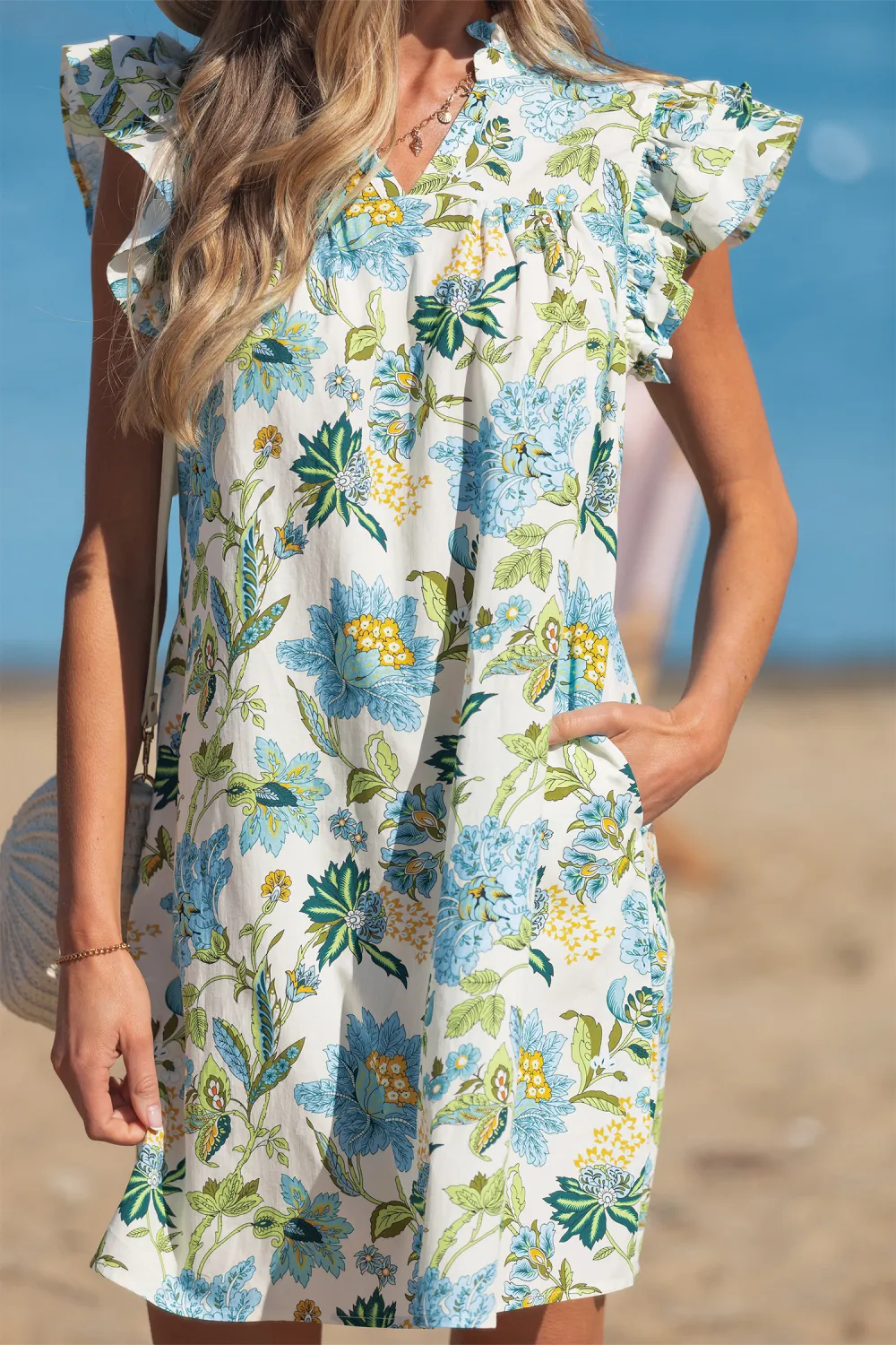 Beige Floral Ruffle Sleeve Dress