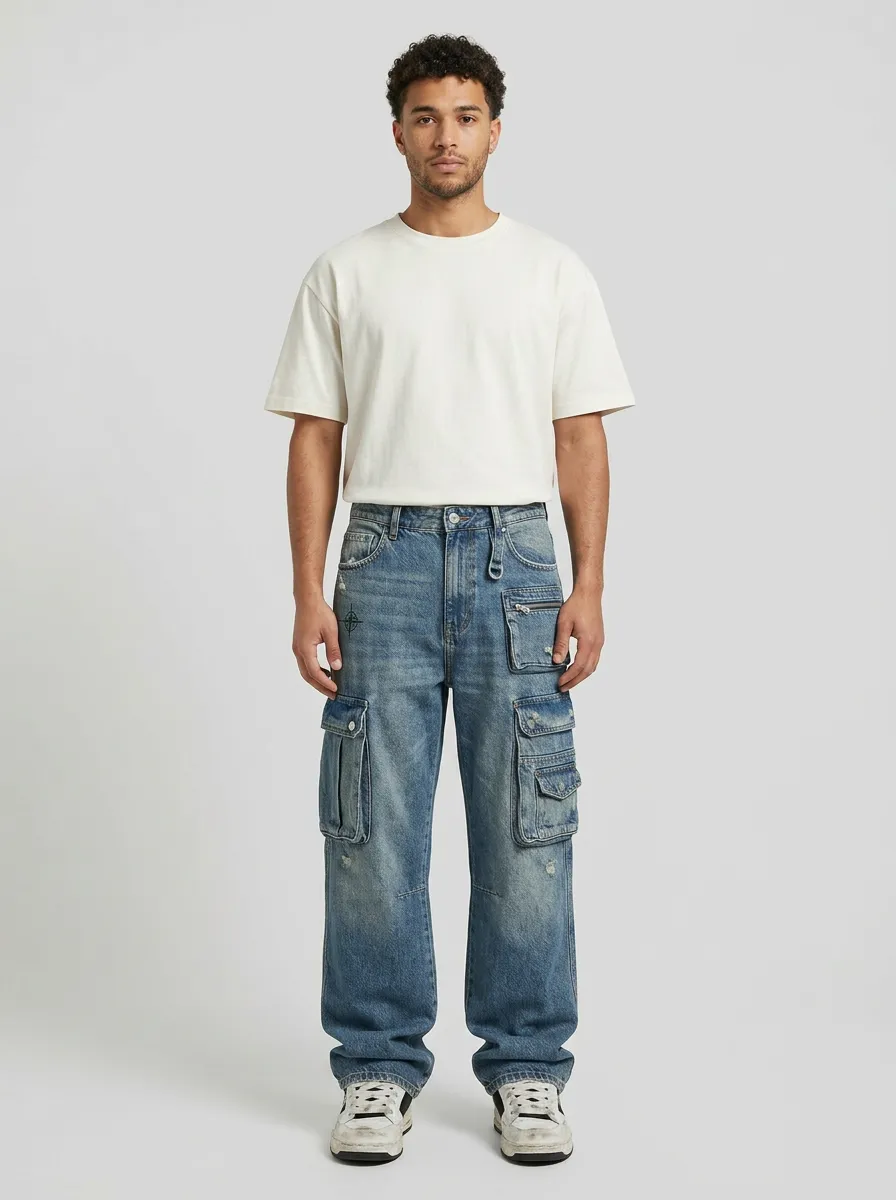 Men's Streetwear Compass Graphic Denim Cargo Jeans
