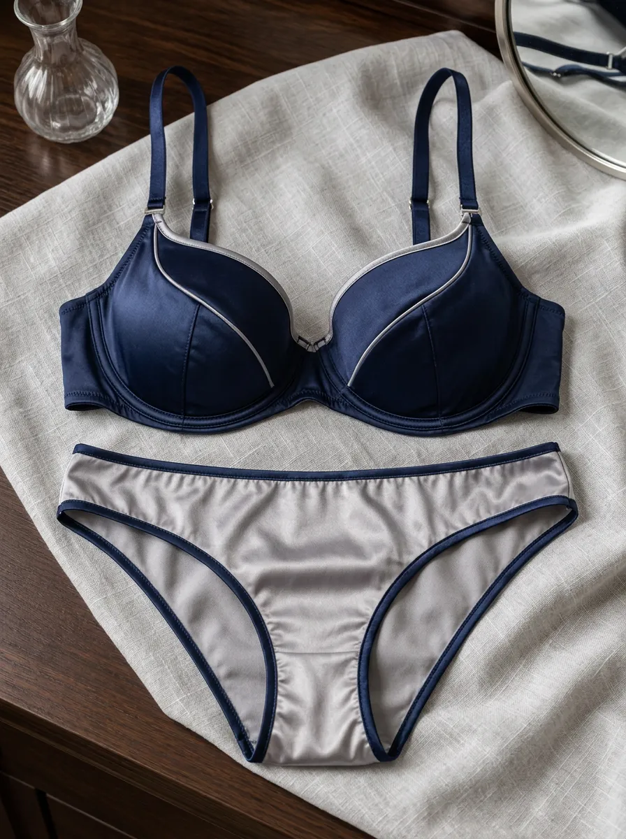 Women's Satin Contrast Trim And Satin Look Adjustable Strap Lingerie Set
