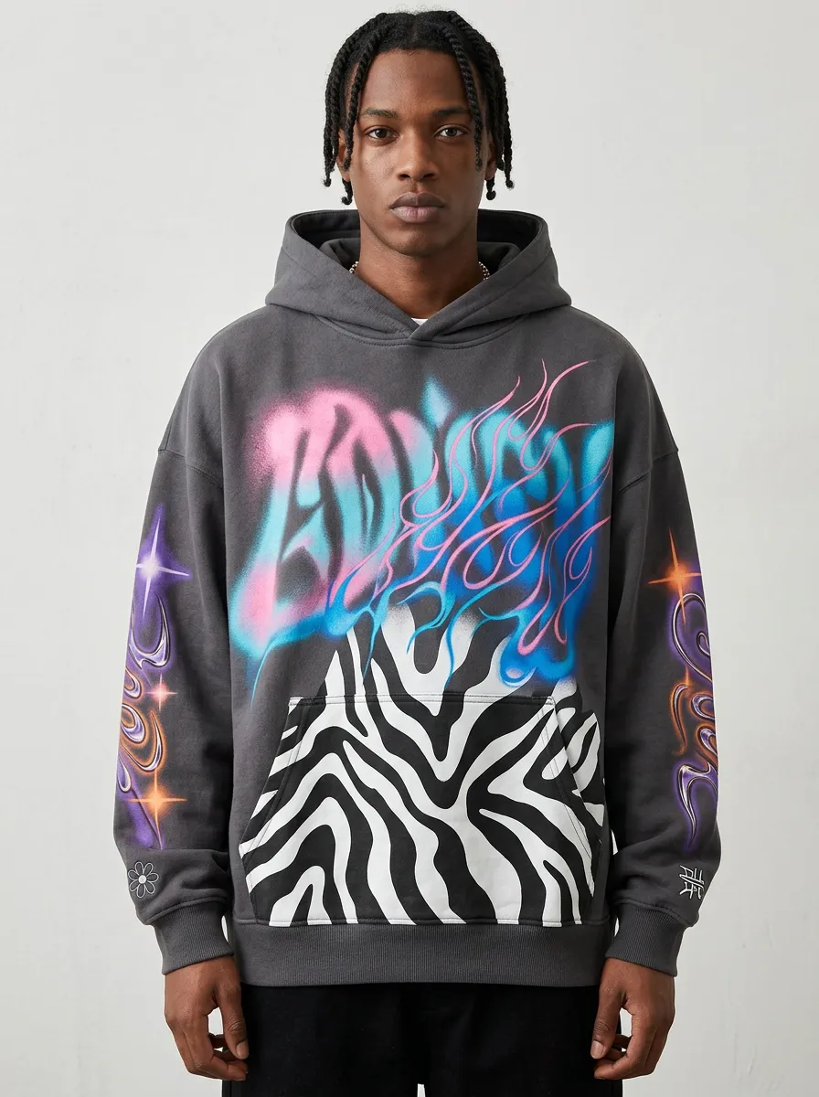 Unisex Streetwear Graffiti Flame Zebra Layered Print Hoodie