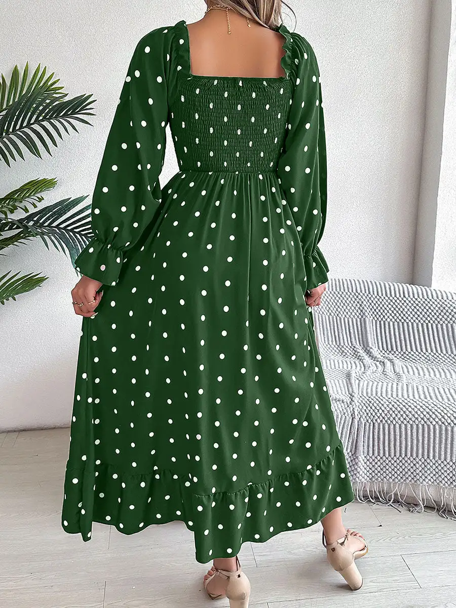 Pleated Ruffled Polka Dot Long Neck Shirt