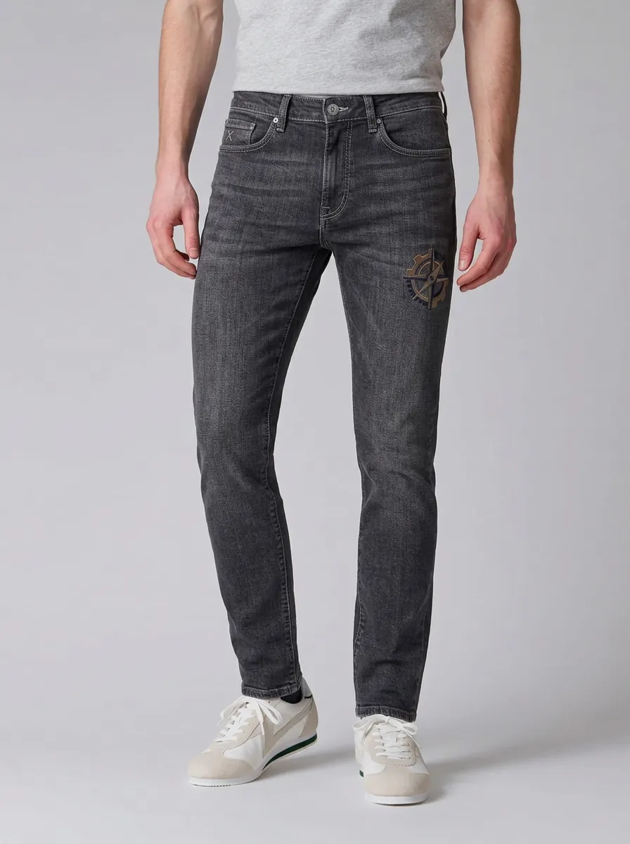 Men's Charcoal Grey Compass Emblem Grey Stretch Jeans