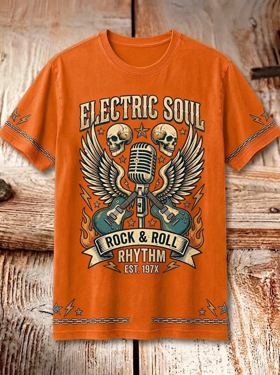 Men's Rock Music Lover Skull Guitar Microphone Printed T-shirt