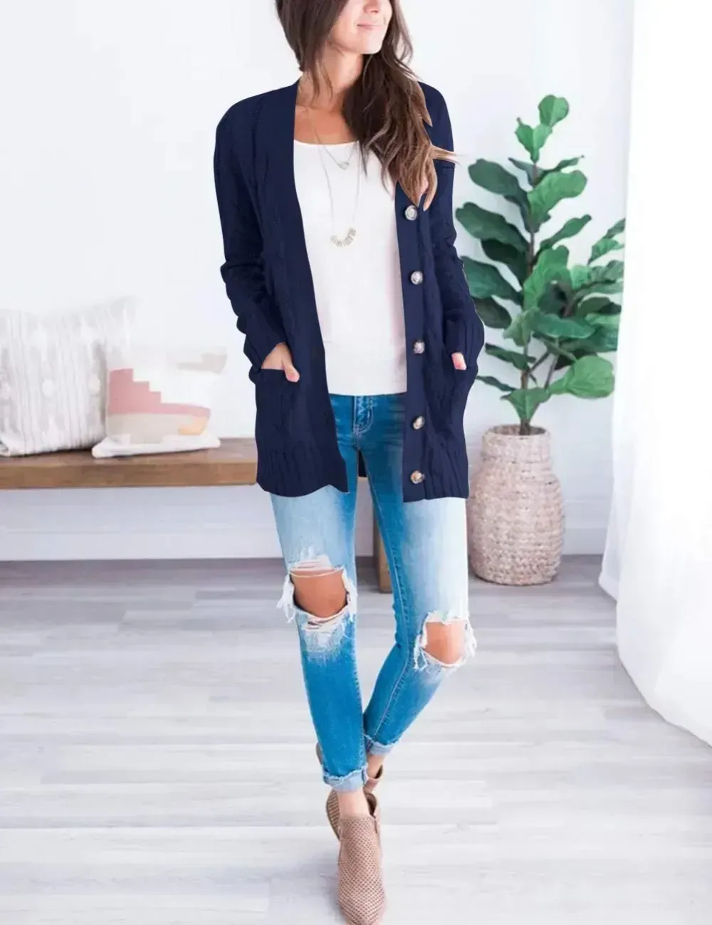 MEROKEETY Women's 2024 Fall Long Sleeve Cable Knit Sweater Open Front Cardigan Button Loose Outerwear